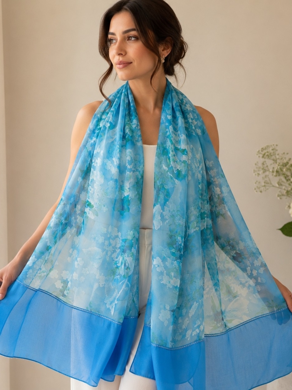 VINTAGE LIGHT BLUE SHEER FLORAL SCARF WRAP AIRY LIGHTWEIGHT 100% SILK CLASSY
